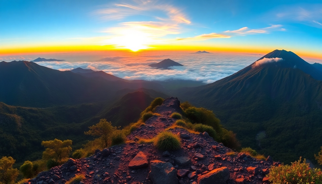 Majestic Mt. Rinjani volcanic peak with lush greenery and morning mist, perfect for trekking enthusiasts.