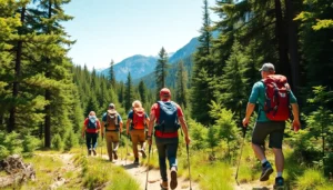Hiking activity in lush forest terrain showing hikers trekking along scenic mountain trail for outdoor adventure.