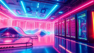 Close-up of a screen showcasing a vibrant NSFW AI generator creating explicit digital artwork with glowing interface elements.