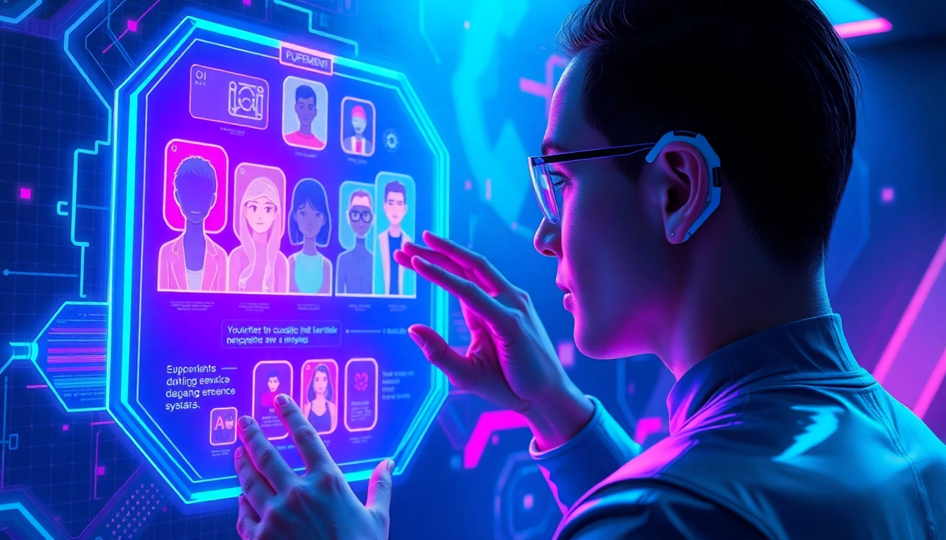 Futuristic digital environment with holographic AI interface and customizable avatars in neon colors.