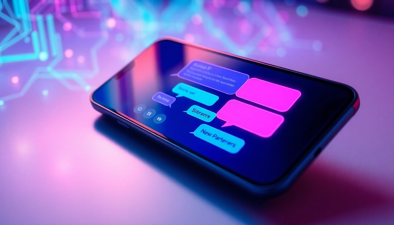 A futuristic chatbot interface on a sleek device screen with neon colors and digital textures.