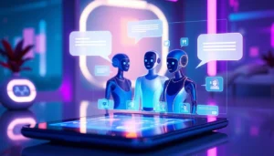 Futuristic digital chat interface with AI characters on a sleek device in a high-tech environment.