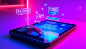 A futuristic digital interface showcasing customizable AI chat characters on a sleek device with holographic elements.
