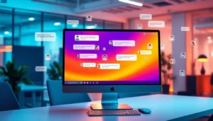 An illustration of a modern AI chatbot platform with customizable characters and chat interactions in a futuristic workspace.