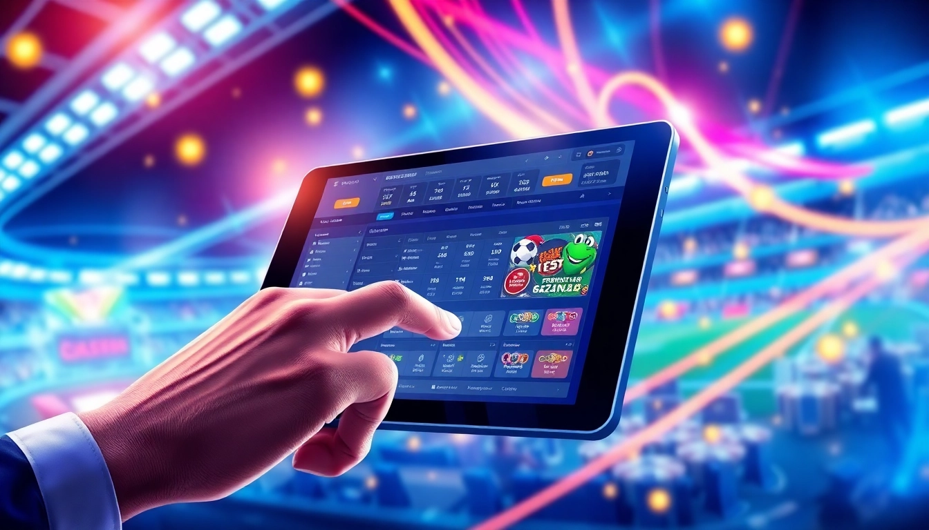 Digital illustration of an online sportsbook and casino platform with vibrant neon lights and betting interfaces.
