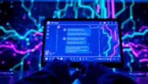 Close-up of a user engaging with a futuristic AI chat interface on a digital screen with glowing data streams and neural network patterns.