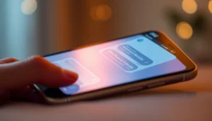 AI girlfriend engaging in a realistic, flirty chat on a smartphone, emphasizing intimacy and advanced AI features for a personal experience.