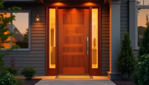 Front door replacement on a modern Indianapolis home with durable hardware and a welcoming entry
