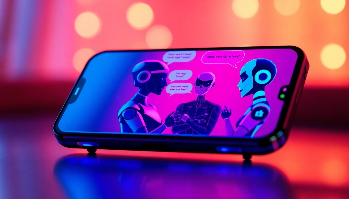 Futuristic digital chat interface with AI characters in an intimate conversation, glowing neon colors and modern device display.