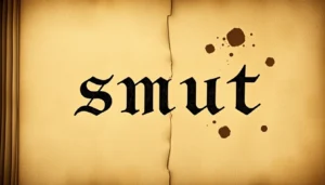 An ancient manuscript with the word "smut" in calligraphy, surrounded by stains and aged parchment textures.