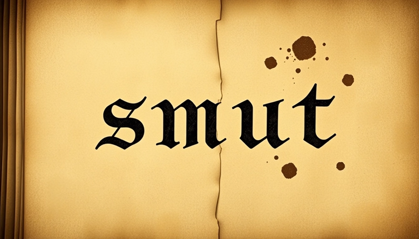 An ancient manuscript with the word "smut" in calligraphy, surrounded by stains and aged parchment textures.