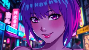 Anime-style female character with vibrant pink and purple hair in a neon-lit city at night.