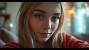 High-resolution AI girlfriend engaging in unfiltered NSFW chat with expressive facial features and inviting gaze, emphasizing realistic interaction.