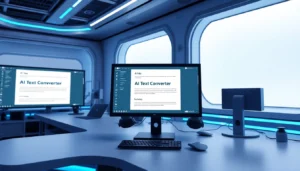 High-tech office scene demonstrating AI text converter tools helping writers improve content