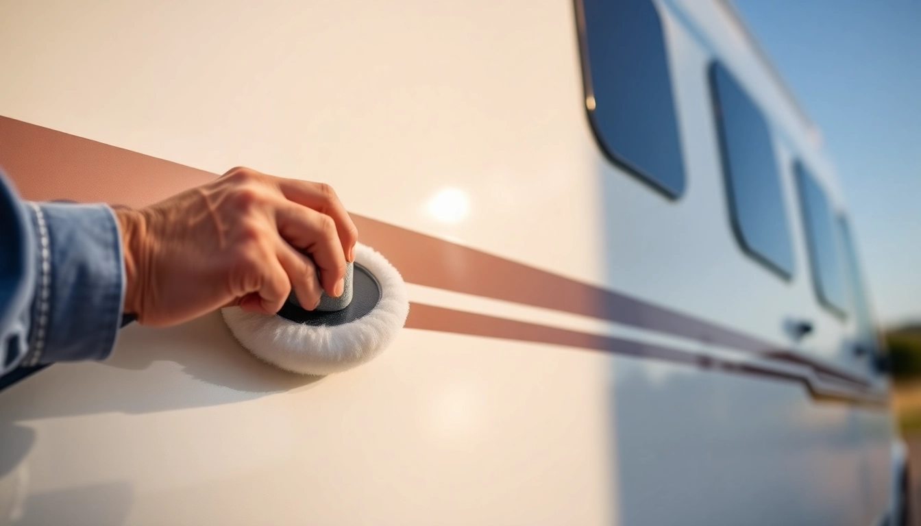 Professional applying Wohnmobil Politursiegelung to a campervan's surface with polishing tools